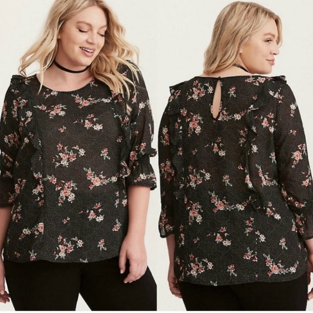 🖤 STYLE TRENDS 🖤 Super feminine SHEER FLORAL BOHO RUFFLED Top 🖤